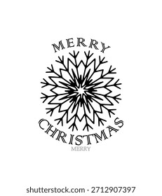 Um grande desenho de floco de neve preto colocado no centro, com as palavras "Feliz Natal" curvas na parte superior e inferior. O olhar simples, mas elegante torna-o adequado para cartões de saudação, e decoração.