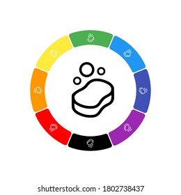 A large black soap symbol in the center, surrounded by eight white symbols on a colored background. Background of seven rainbow colors and black. Vector illustration on white background