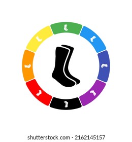 A large black socks symbol in the center, surrounded by eight white symbols on a colored background. Background of seven rainbow colors and black. Vector illustration on white background