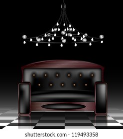 a large black sofa in a abstract dark room