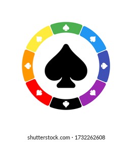A large black spade in the center, surrounded by eight white symbols on a colored background. Background of seven rainbow colors and black. Vector illustration on white background