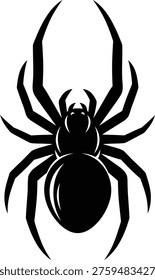 A large black spider silhouette with eight legs and a round body on a plain white background