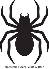 Large black spider silhouette with eight legs and two fangs isolated on white background