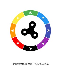 A large black spinner symbol in the center, surrounded by eight white symbols on a colored background. Background of seven rainbow colors and black. Vector illustration on white background