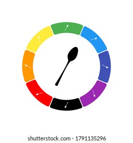 A large black spoon in the center, surrounded by eight white symbols on a colored background. Background of seven rainbow colors and black. Vector illustration on white background