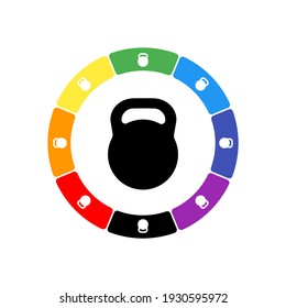 A large black sports weight symbol in the center, surrounded by eight white symbols on a colored background. Background of seven rainbow colors and black. Vector illustration on white background
