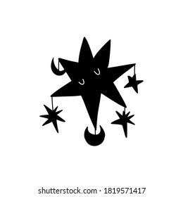 A large black star with closed eyes holds small stars and moons with its rays. Vector stock isolated illustration. The concept of celestial bodies.