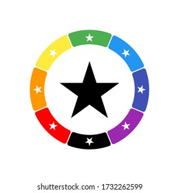 A large black star symbol in the center, surrounded by eight white symbols on a colored background. Background of seven rainbow colors and black. Vector illustration on white background