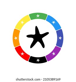 A large black starfish symbol in the center, surrounded by eight white symbols on a colored background. Background of seven rainbow colors and black. Vector illustration on white background