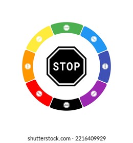 En el centro hay una gran señal de una parada negra rodeada de ocho símbolos blancos sobre un fondo de color. Fondo de siete colores arcoiris y negro. Ilustración del vector sobre fondo blanco