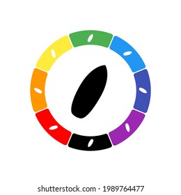 A large black surf board symbol in the center, surrounded by eight white symbols on a colored background. Background of seven rainbow colors and black. Vector illustration on white background