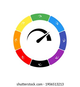A large black tachometer symbol in the center, surrounded by eight white symbols on a colored background. Background of seven rainbow colors and black. Vector illustration on white background