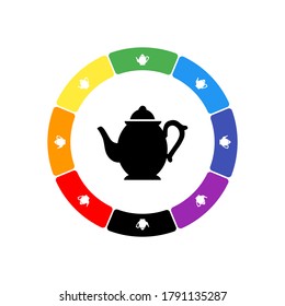 A large black teapot in the center, surrounded by eight white symbols on a colored background. Background of seven rainbow colors and black. Vector illustration on white background