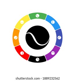 A large black tennis ball in the center, surrounded by eight white symbols on a colored background. Background of seven rainbow colors and black. Vector illustration on white background