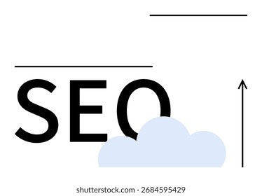 Großer schwarzer Text SEO mit einer hellblauen Wolke und Pfeil nach oben. Ideal für digitales Marketing, Suchmaschinenoptimierung, Wachstum, Strategieentwicklung, Onlinegeschäft, Innovation, Cloud Computing