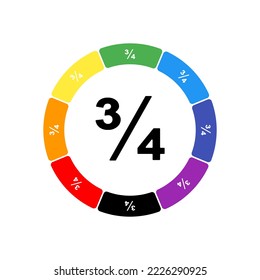A large black three quarters symbol in the center, surrounded by eight white symbols on a colored background. Background of seven rainbow colors and black. Vector illustration on white background
