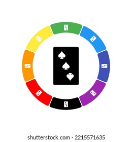 A large black Three of Spades playing card in the center, surrounded by white symbols on a colored background. Background of rainbow colors and black. Vector illustration on white background