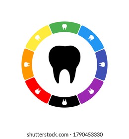 A large black tooth symbol in the center, surrounded by eight white symbols on a colored background. Background of seven rainbow colors and black. Vector illustration on white background