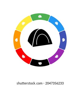 A large black tourist tent in the center, surrounded by eight white symbols on a colored background. Background of seven rainbow colors and black. Vector illustration on white background