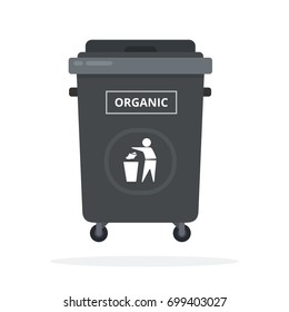 Large black trash can on wheels for sorting organic waste vector flat material design isolated on white