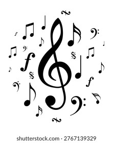 Large black treble clef surrounded by scattered musical notes and f dynamics on a white background, decorative musical theme. Vector illustration