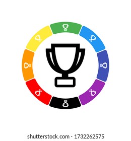 A large black trophy symbol in the center, surrounded by eight white symbols on a colored background. Background of seven rainbow colors and black. Vector illustration on white background