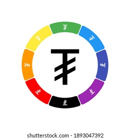 A large black tugrik symbol in the center, surrounded by eight white symbols on a colored background. Background of seven rainbow colors and black. Vector illustration on white background
