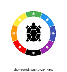 A large black turtle symbol in the center, surrounded by eight white symbols on a colored background. Background of seven rainbow colors and black. Vector illustration on white background