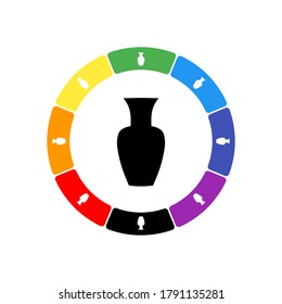 A large black vase in the center, surrounded by eight white symbols on a colored background. Background of seven rainbow colors and black. Vector illustration on white background