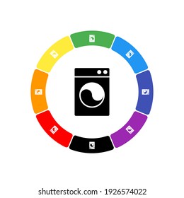 A large black washer symbol in the center, surrounded by eight white symbols on a colored background. Background of seven rainbow colors and black. Vector illustration on white background