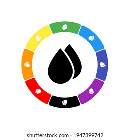 A large black water drop symbol in the center, surrounded by eight white symbols on a colored background. Background of seven rainbow colors and black. Vector illustration on white background