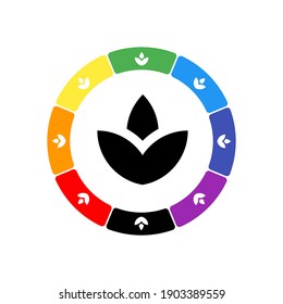 A large black water lily symbol in the center, surrounded by eight white symbols on a colored background. Background of seven rainbow colors and black. Vector illustration on white background