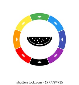 A large black watermelon piece symbol in the center, surrounded by eight white symbols on a colored background. Background of seven rainbow colors and black. Vector illustration on white background