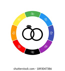 A large black wedding rings symbol in the center, surrounded by eight white symbols on a colored background. Background of seven rainbow colors and black. Vector illustration on white background