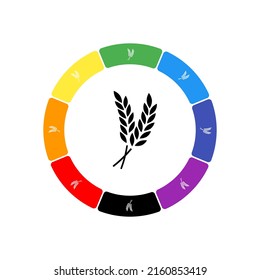 A large black wheat symbol in the center, surrounded by eight white symbols on a colored background. Background of seven rainbow colors and black. Vector illustration on white background