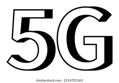 Großer schwarz-weißer 5G-Text in einer modernen, fetten Schriftart mit Schlagschatteneffekt. Stellt drahtlose Technologie der nächsten Generation und Hochgeschwindigkeitsinternet dar.