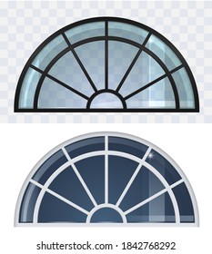 Large black and white arched roof window set. Classic arched window of wood in medieval style for the church or castle. Vector graphics