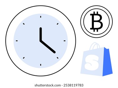 Large black and white clock with black hands, a Bitcoin icon and a blue shopping bag with white letter S. Ideal for time management, cryptocurrency, e-commerce, financial planning, and scheduling