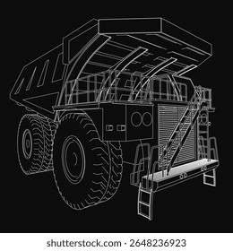 Um grande caminhão de lixo preto e branco destaca-se contra um fundo escuro, com rodas detalhadas, uma cabine proeminente e construção robusta. A ilustração de alto contraste enfatiza o veículo.