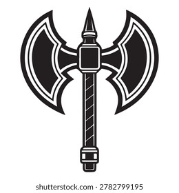 A large black and white illustration of a doubleheaded battle axe with a long handle and pointed top isolated on white background