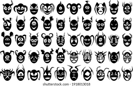 A large black and white set of cartoon monsters. Great background for various themed events. Vector illustration.