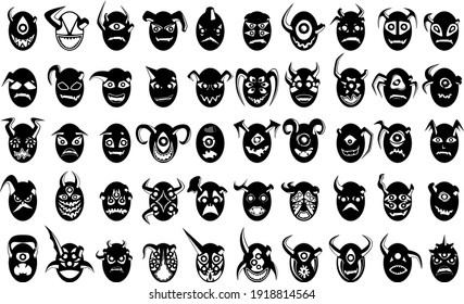 A large black and white set of cartoon monsters. Great background for various themed events. Vector illustration.