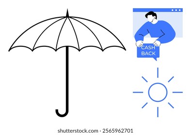 Large black and white umbrella. Sunshine icon below and a person holding a cashback notice. Ideal for weather, protection, online shopping, bonuses, and summer themes. Minimalist style