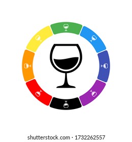 A large black wineglass symbol in the center, surrounded by eight white symbols on a colored background. Background of seven rainbow colors and black. Vector illustration on white background