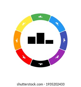 A large black winners podium symbol in the center, surrounded by eight white symbols on a colored background. Background of seven rainbow colors and black. Vector illustration on white background