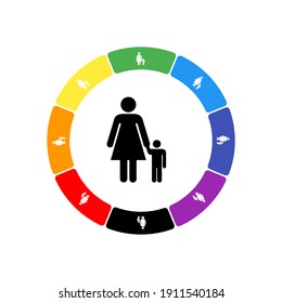 A large black woman with child symbol in the center, surrounded by eight white symbols on a colored background. Background of seven rainbow colors and black. Vector illustration on white background