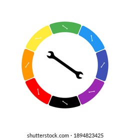 A large black wrench symbol in the center, surrounded by eight white symbols on a colored background. Background of seven rainbow colors and black. Vector illustration on white background