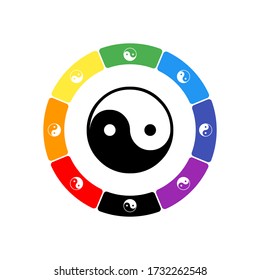 A large black yin yang symbol in the center, surrounded by eight white symbols on a colored background. Background of seven rainbow colors and black. Vector illustration on white background