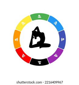 A large black yoga stretching pose symbol in the center, surrounded by white symbols on a colored background. Background of rainbow colors and black. Vector illustration on white background