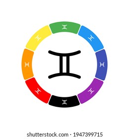 A large black zodiac gemini symbol in the center, surrounded by eight white symbols on a colored background. Background of seven rainbow colors and black. Vector illustration on white background